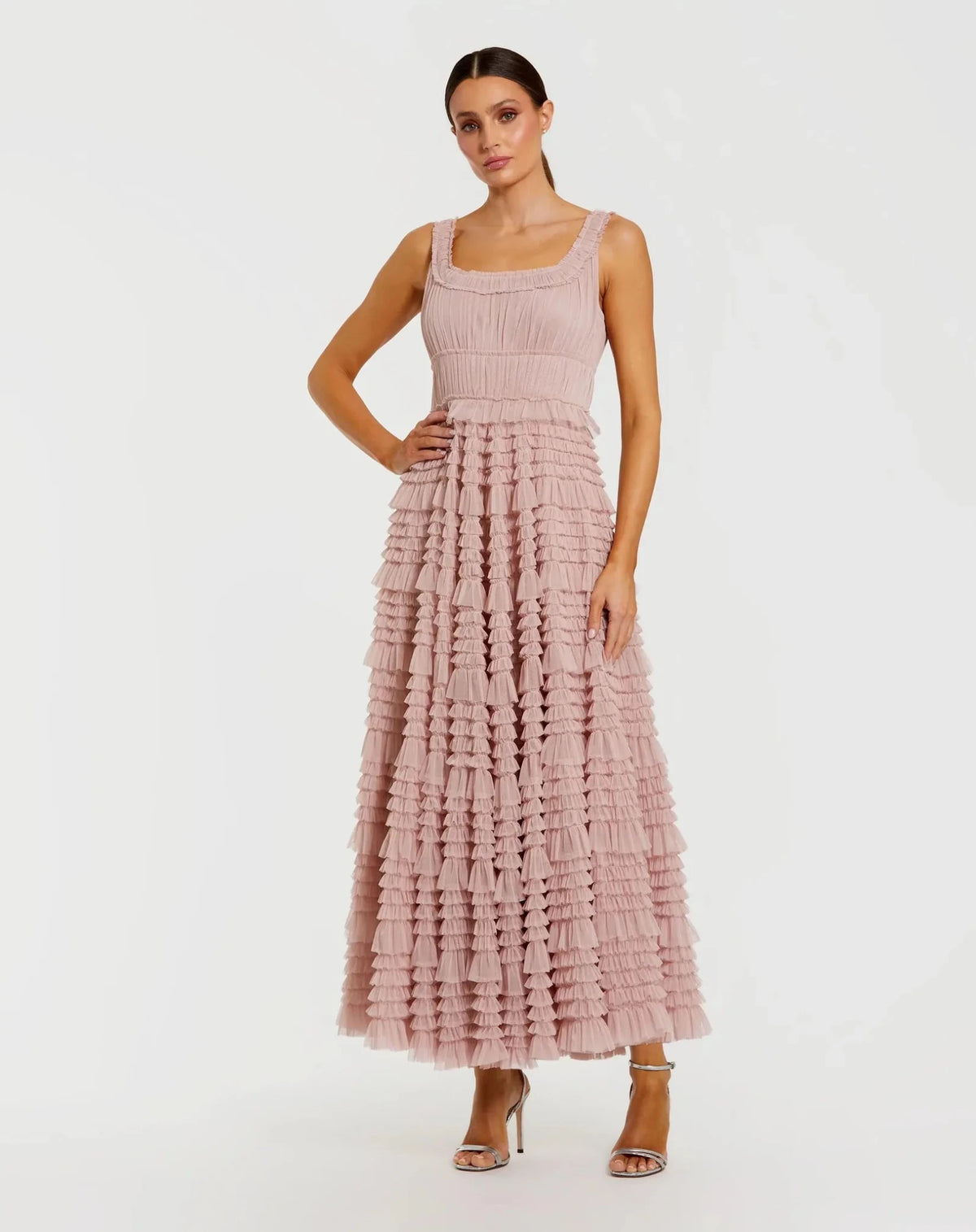 Rose Mesh Micro Ruffle Sleeveless Scoop Neck Midi Dress