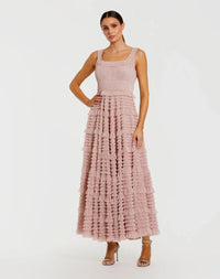 Rose Mesh Micro Ruffle Sleeveless Scoop Neck Midi Dress