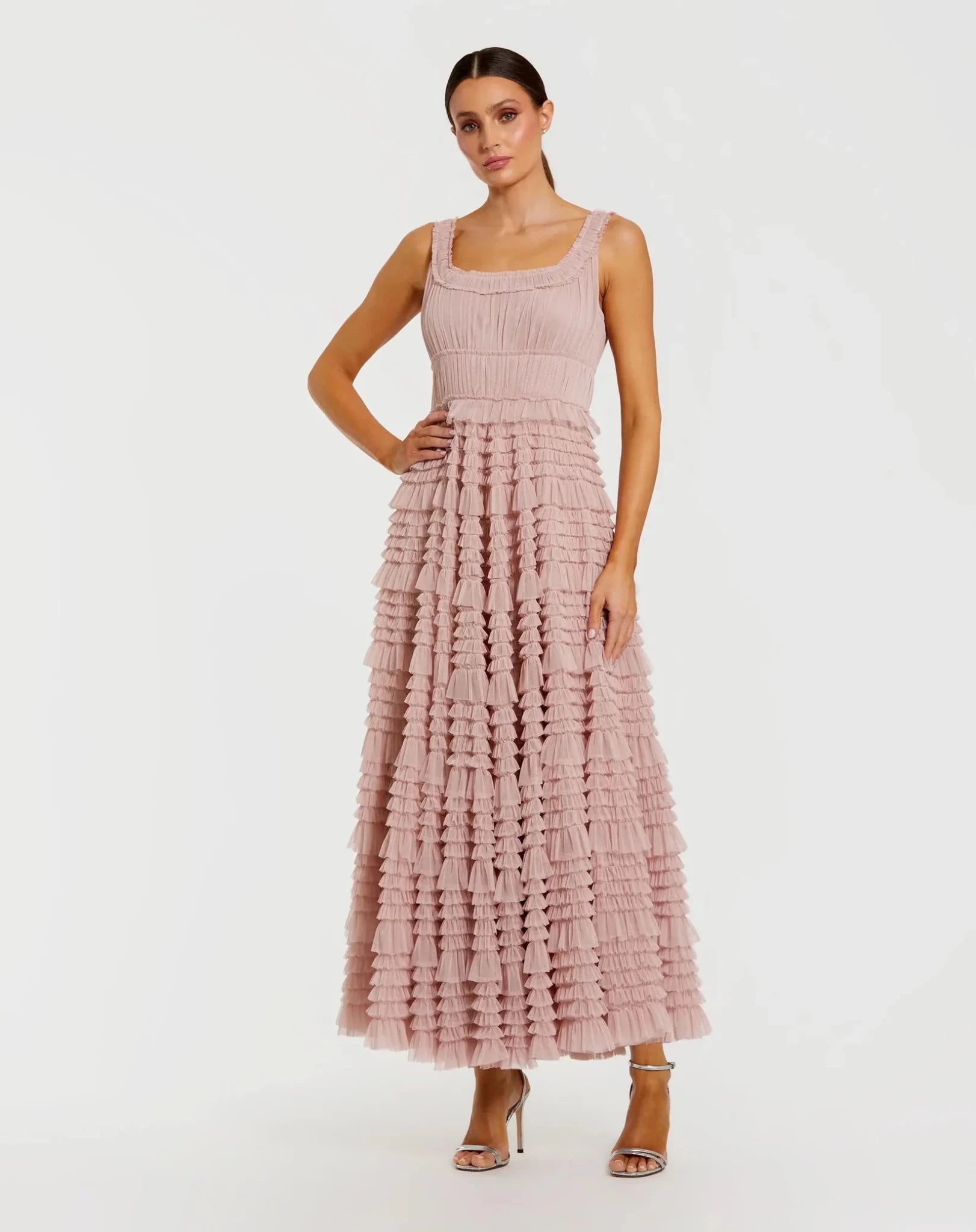 Rose Mesh Micro Ruffle Sleeveless Scoop Neck Midi Dress
