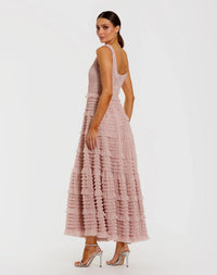 Rose Mesh Micro Ruffle Sleeveless Scoop Neck Midi Dress