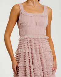 Rose Mesh Micro Ruffle Sleeveless Scoop Neck Midi Dress