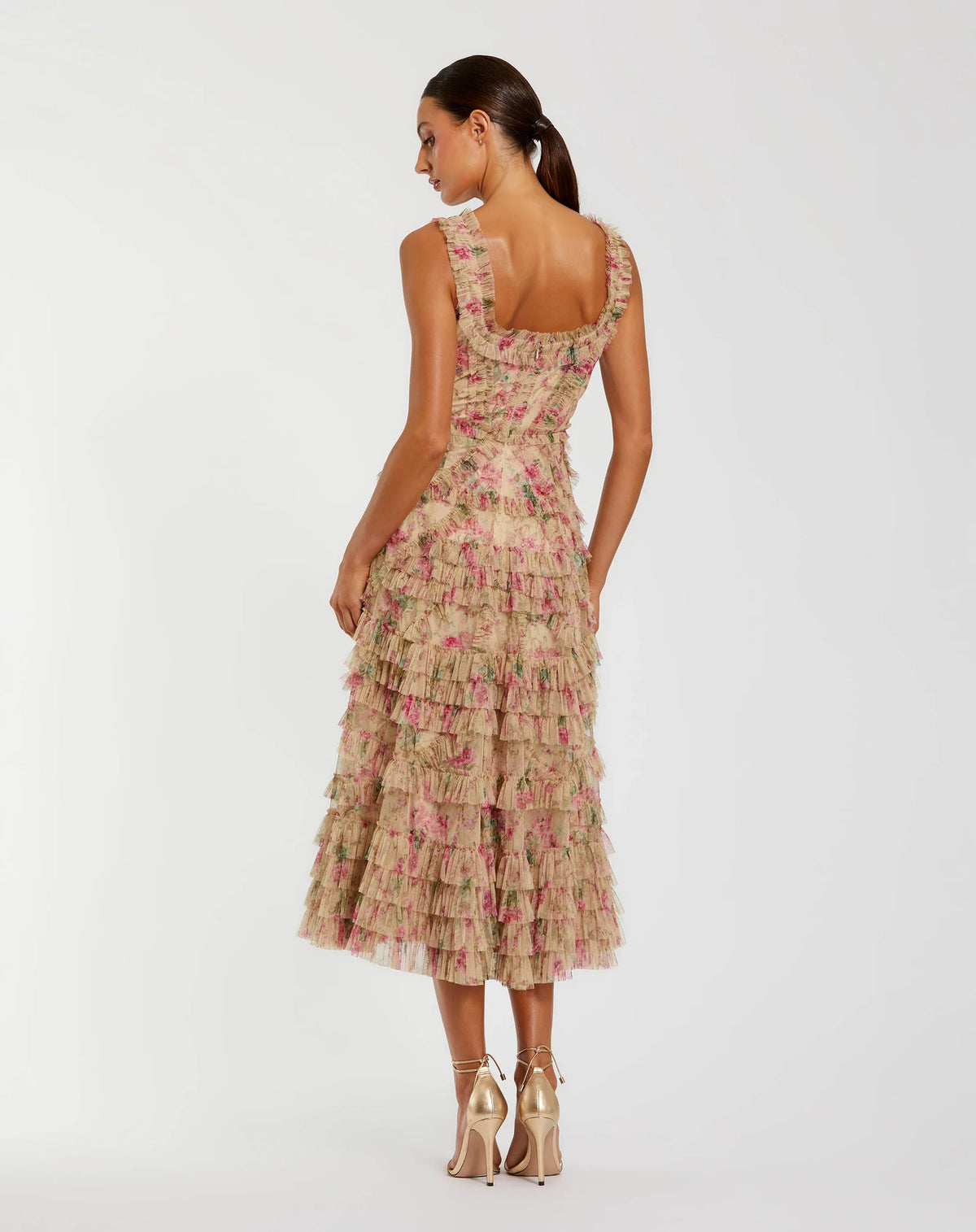 Mac Duggal Beige Floral Printed Sleeveless Ruffle Midi Dress #8293 Beige Multi