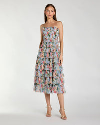Mac Duggal #8301 blue multi floral strapless ruffle midi dress