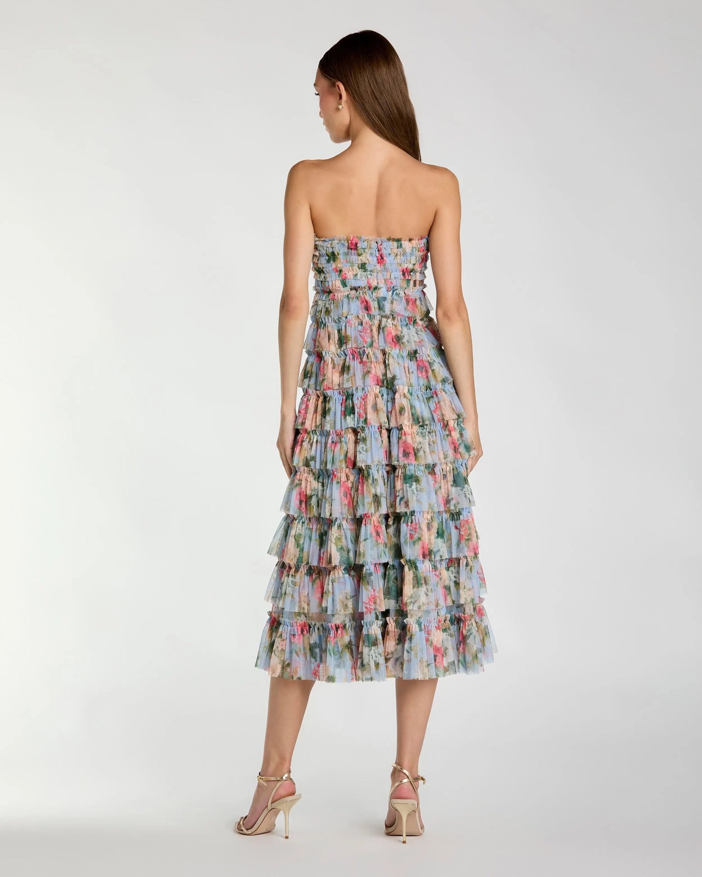 Mac Duggal #8301 blue multi floral strapless ruffle midi dress