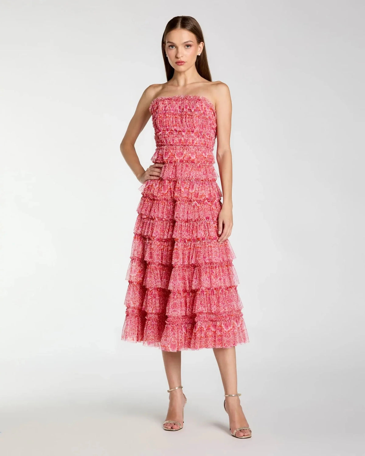Pink Multi Printed Mesh Ruffle Strapless Midi Dress
