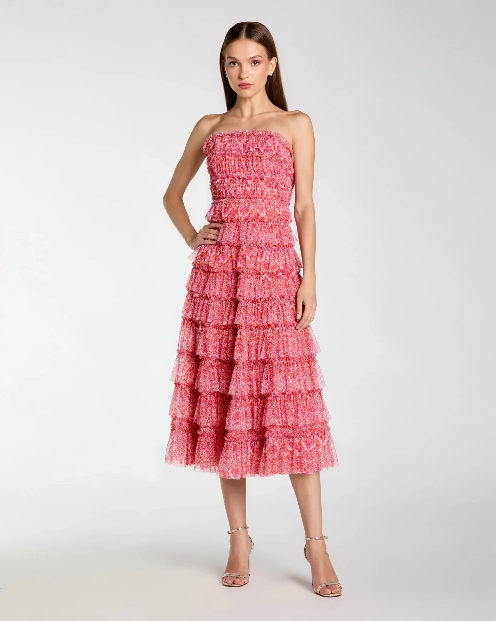Pink Multi Printed Mesh Ruffle Strapless Midi Dress
