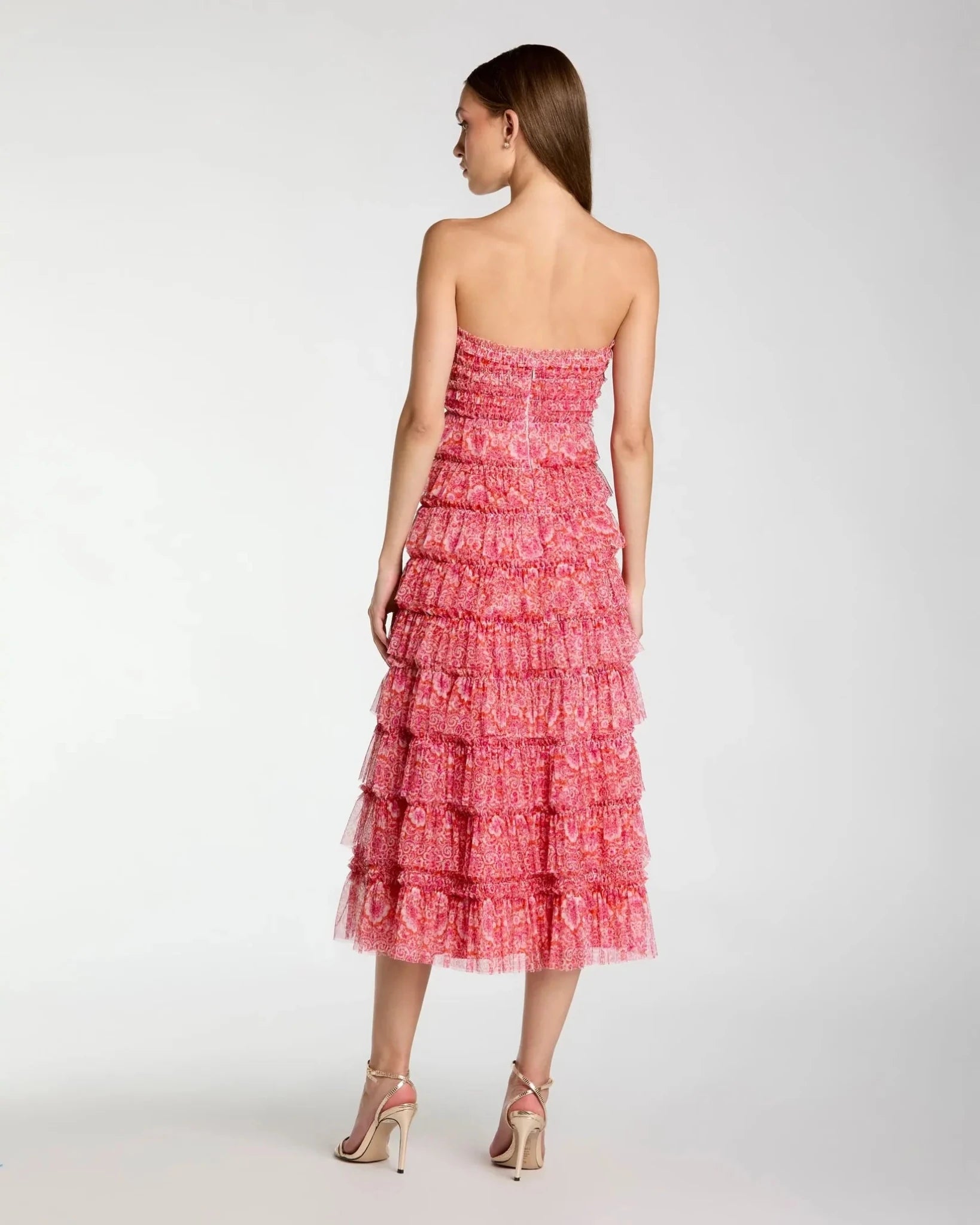 Pink Multi Printed Mesh Ruffle Strapless Midi Dress