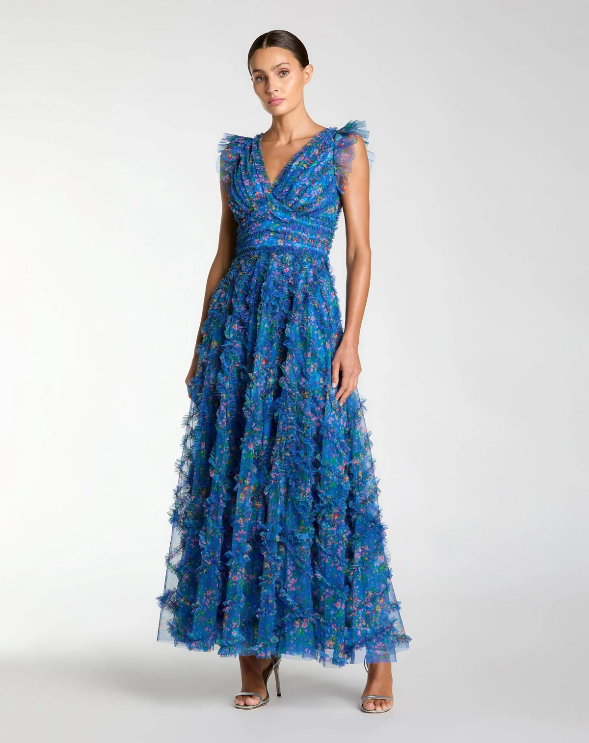 Mac Duggal Multicolor Floral Mesh Ruffle V Neck Ankle Dress #8303 Blue Multi