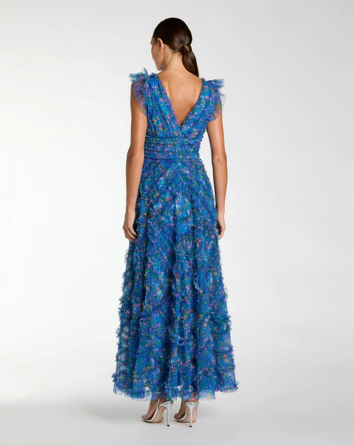Blue-multi-floral-printed-mesh-gown-with-micro-ruffles-front