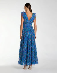 Blue-multi-floral-printed-mesh-gown-with-micro-ruffles-front