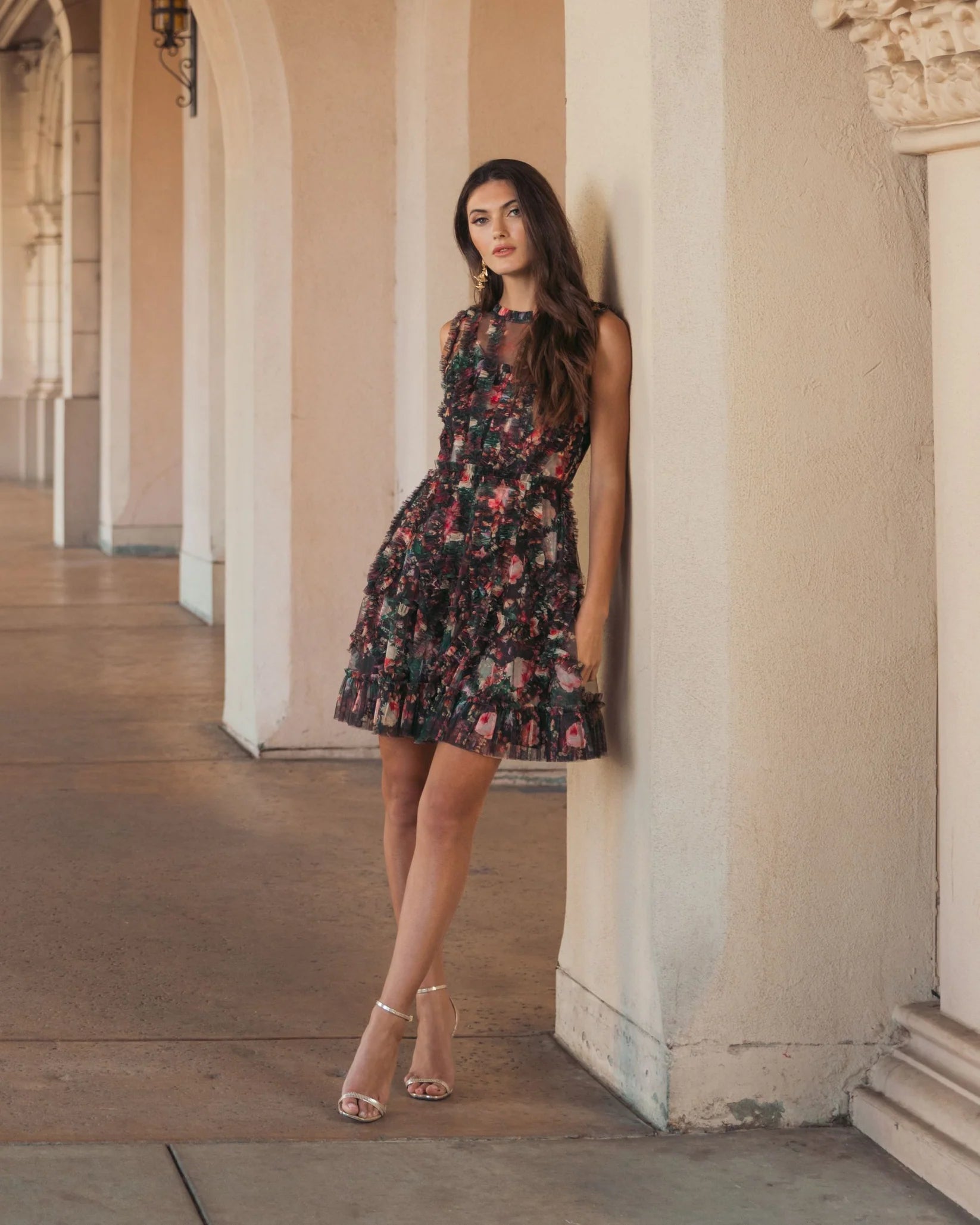 Black ruffle floral A-Line mini sleeveless dress