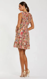 Mac Duggal Nude ruffle floral A-Line mini sleeveless dress #8307