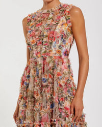 Mac Duggal Cream Multicolor Micro Ruffle Floral A-Line Mini Dress #8307