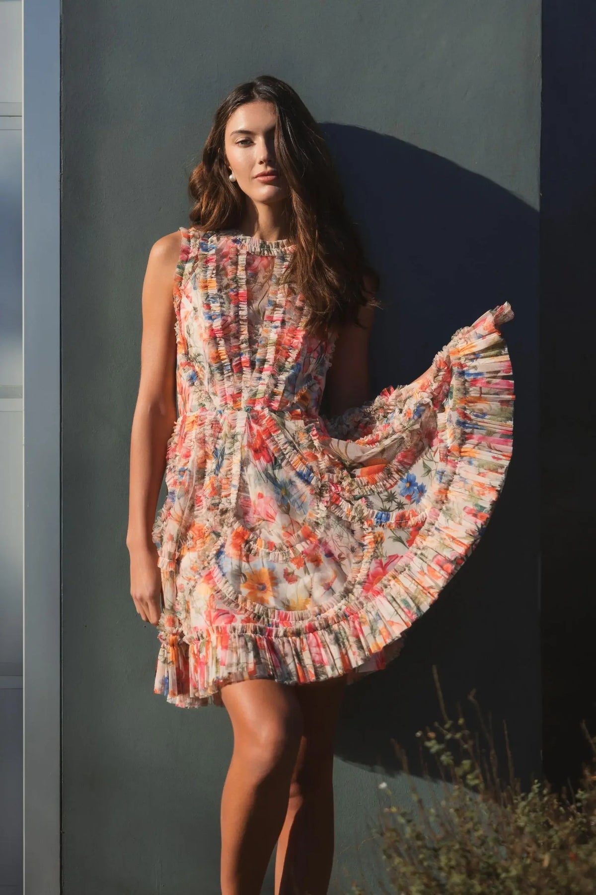 Cream ruffle floral A-Line mini sleeveless dress