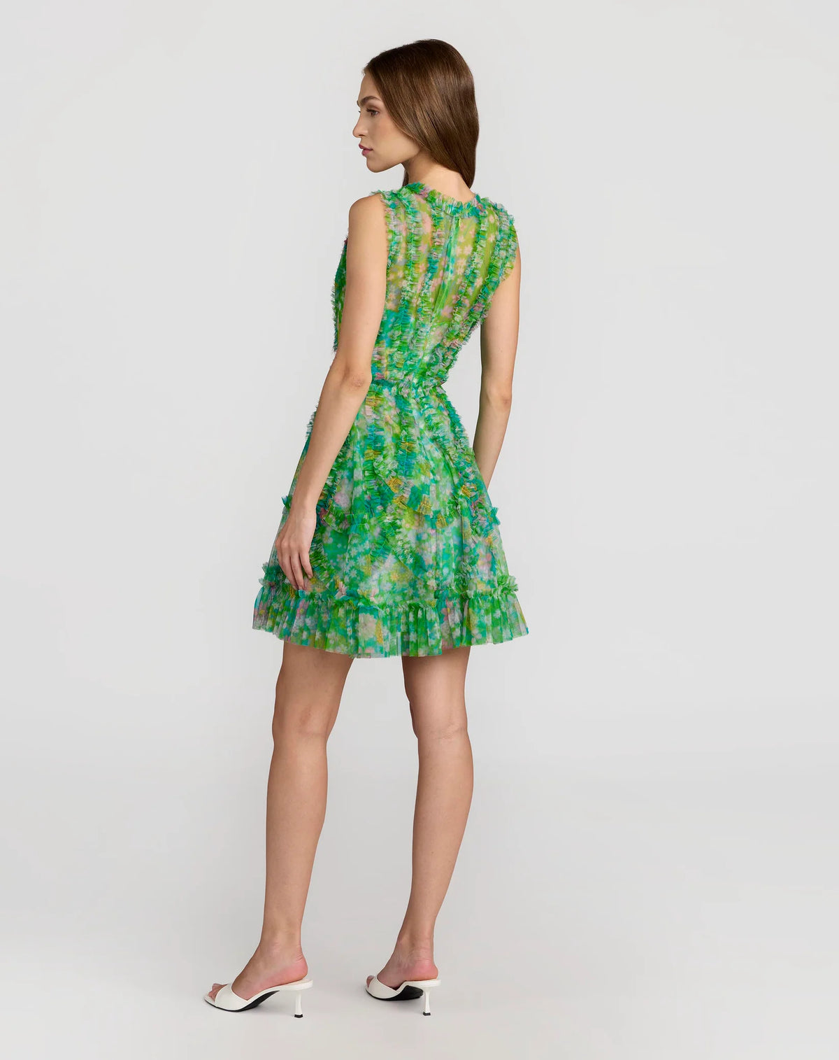 Green ruffle floral A-Line mini sleeveless dress