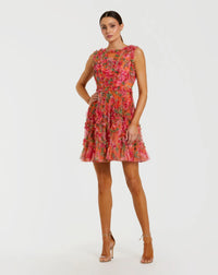 Mac Duggal Orange ruffle floral A-Line mini sleeveless dress #8307