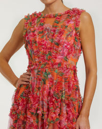 Mac Duggal Orange Multicolor Micro Ruffle Floral A-Line Mini Dress #8307