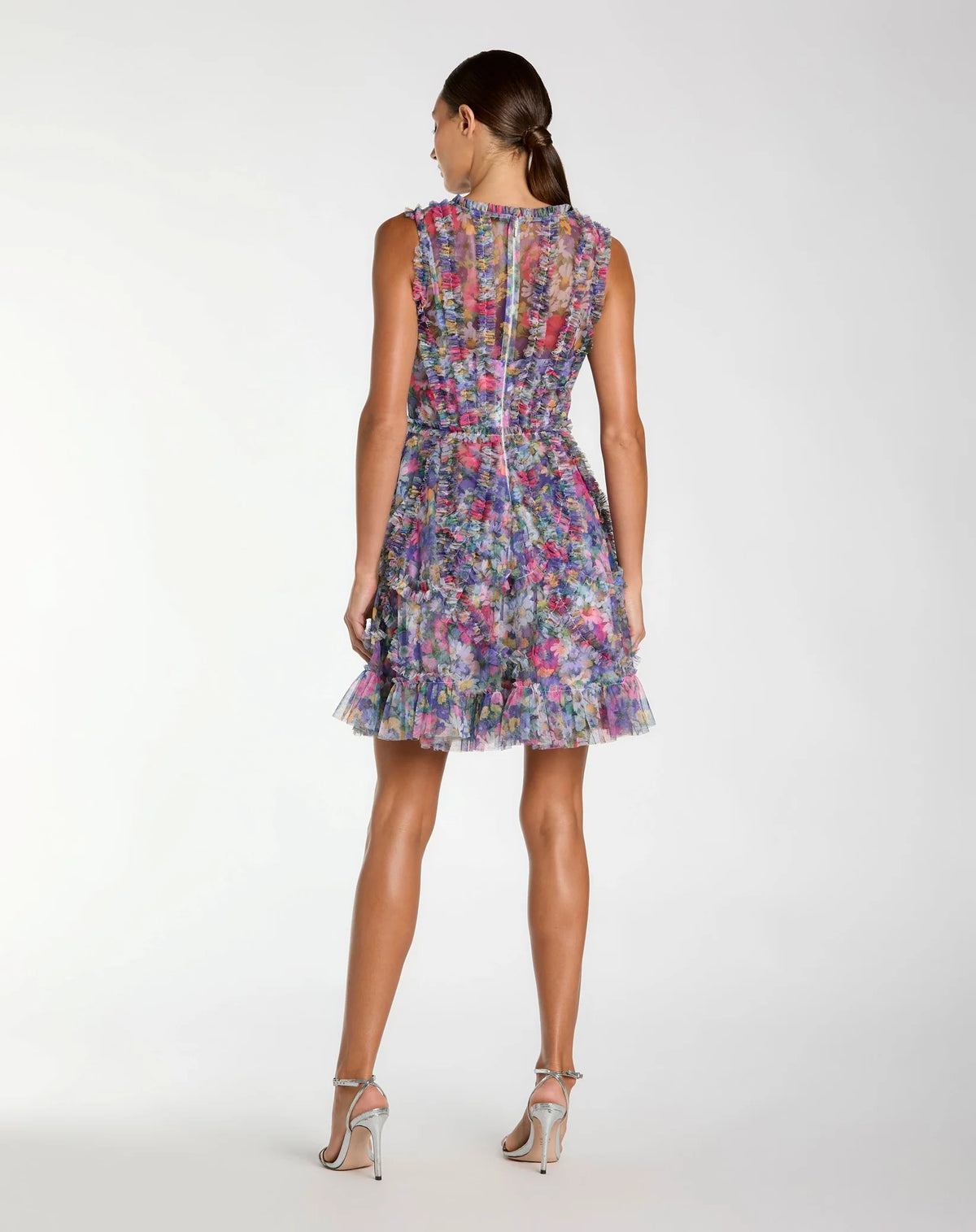 Mac Duggal Purple Multicolor Micro Ruffle Floral A-Line Mini Dress #8307