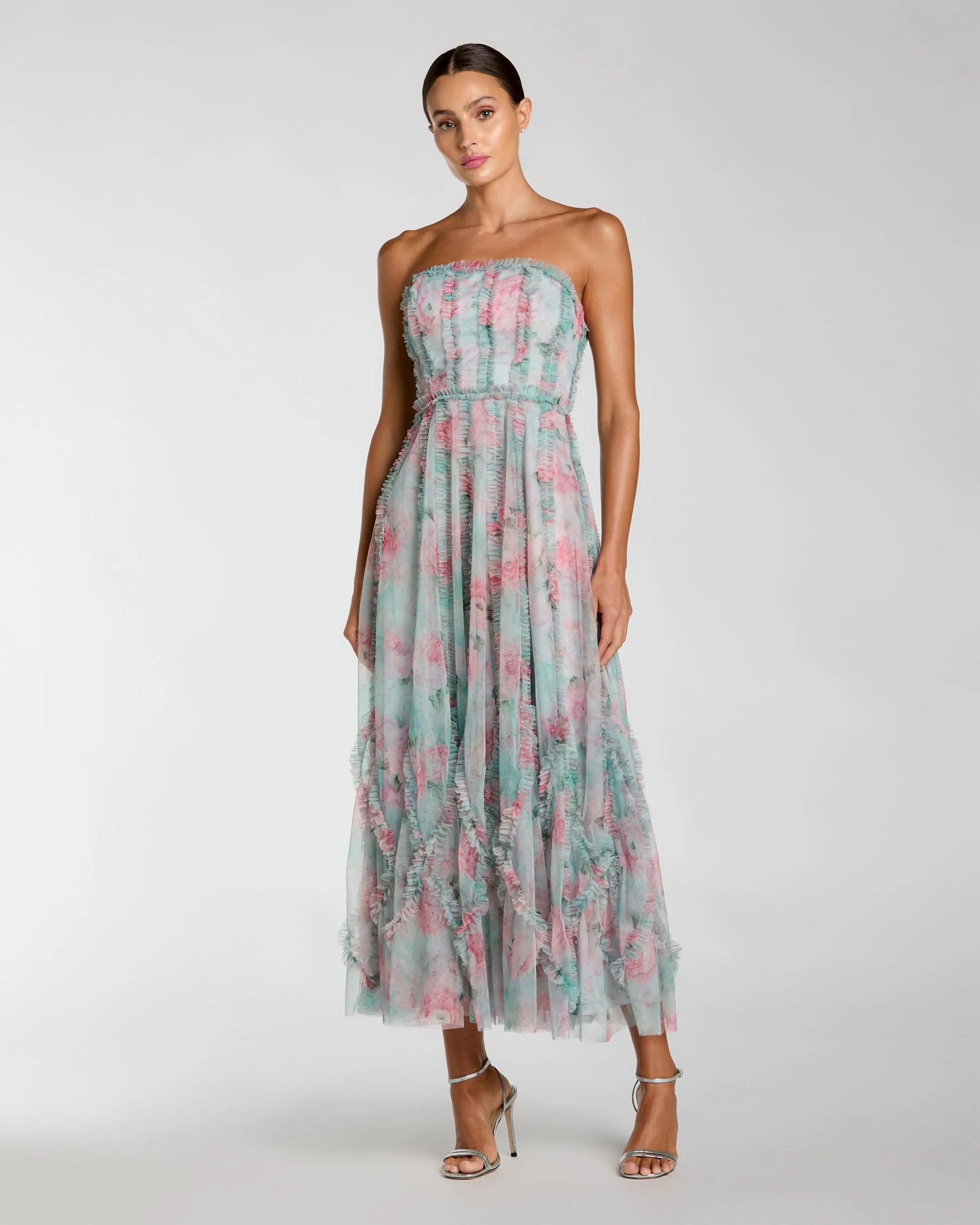 Mac Duggal #8308 Strapless Floral Ruffle Dress Aqua Multi