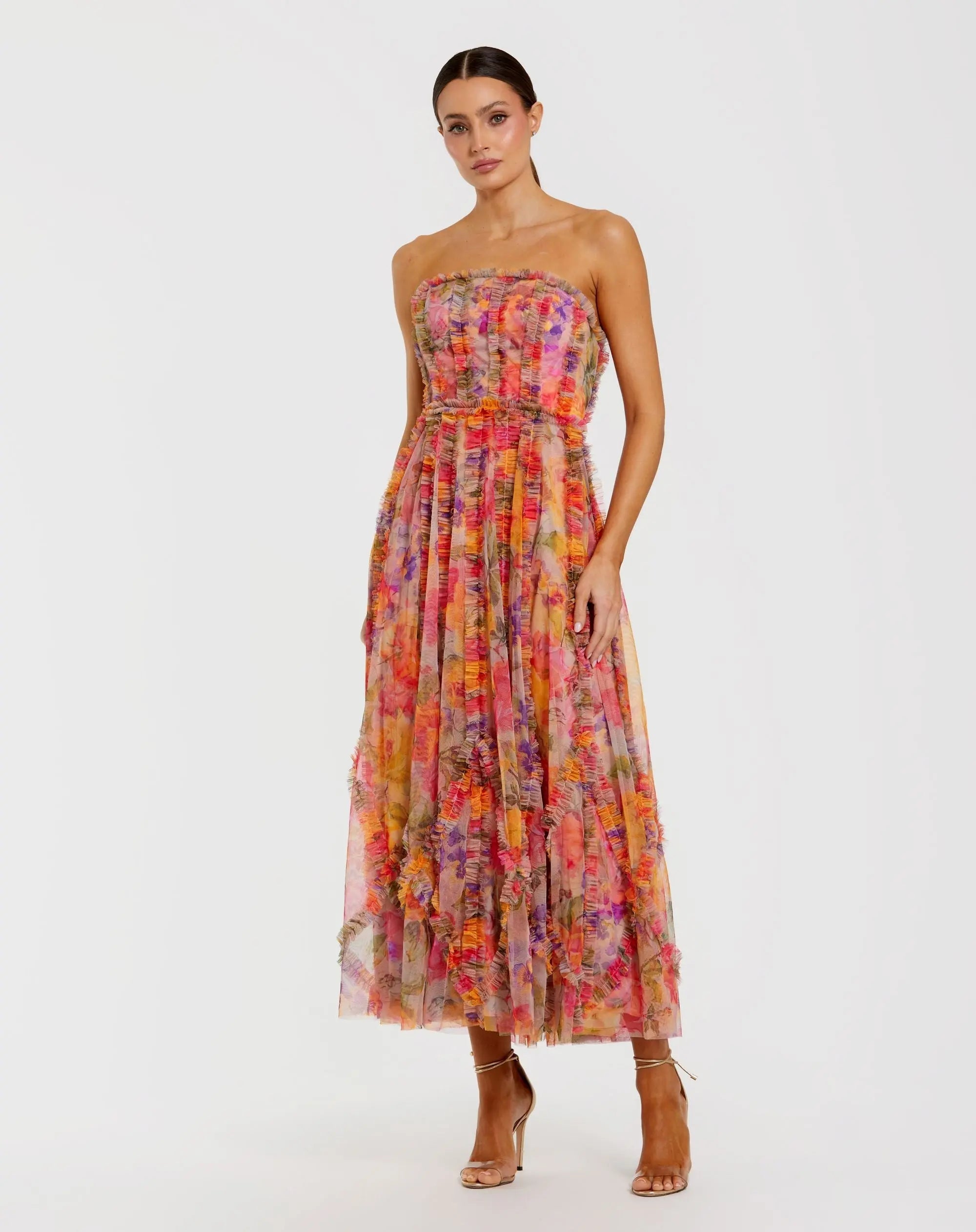 Mac Duggal #8308 multi strapless floral ruffle dress