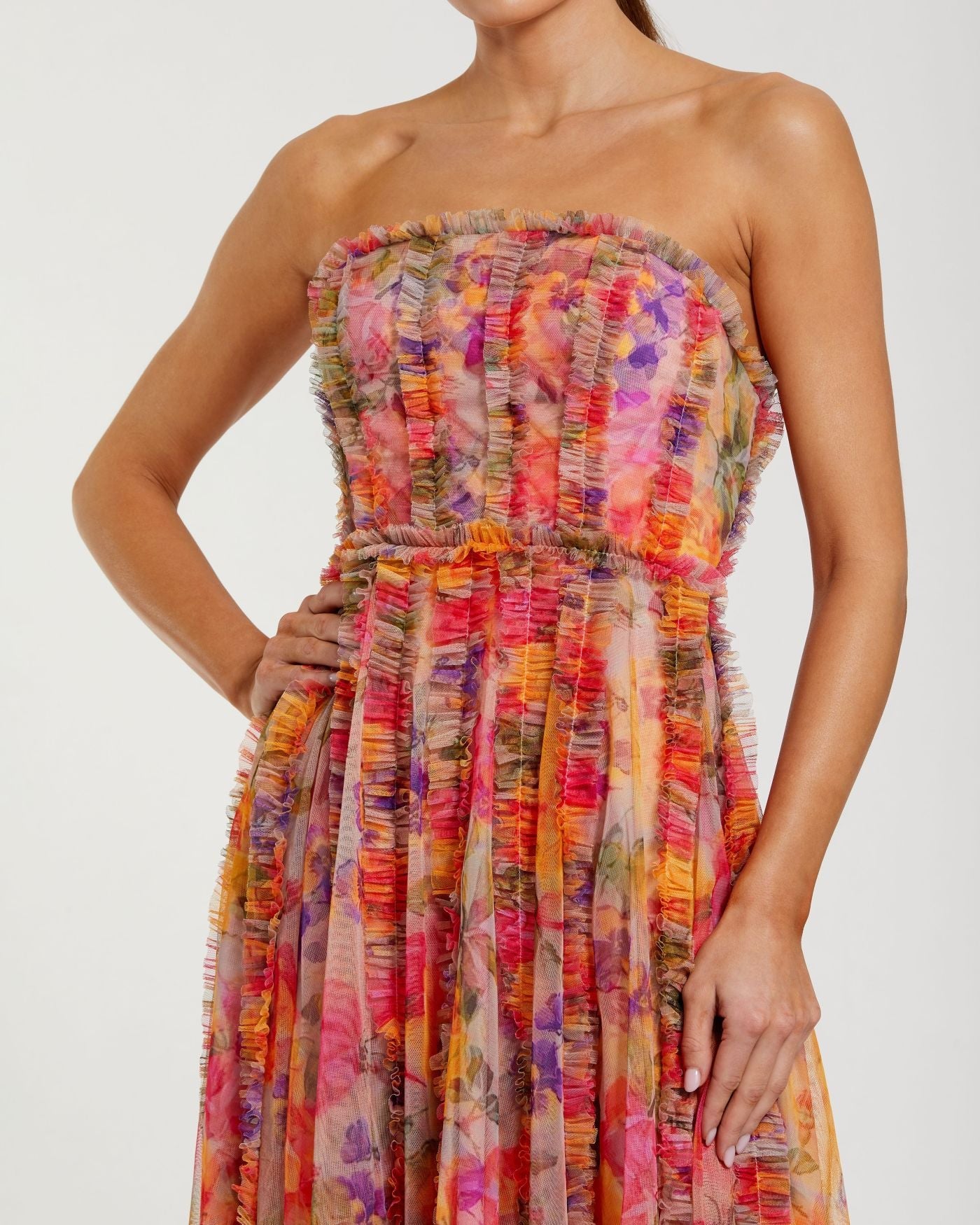 Mac Duggal #8308 multi strapless floral ruffle dress