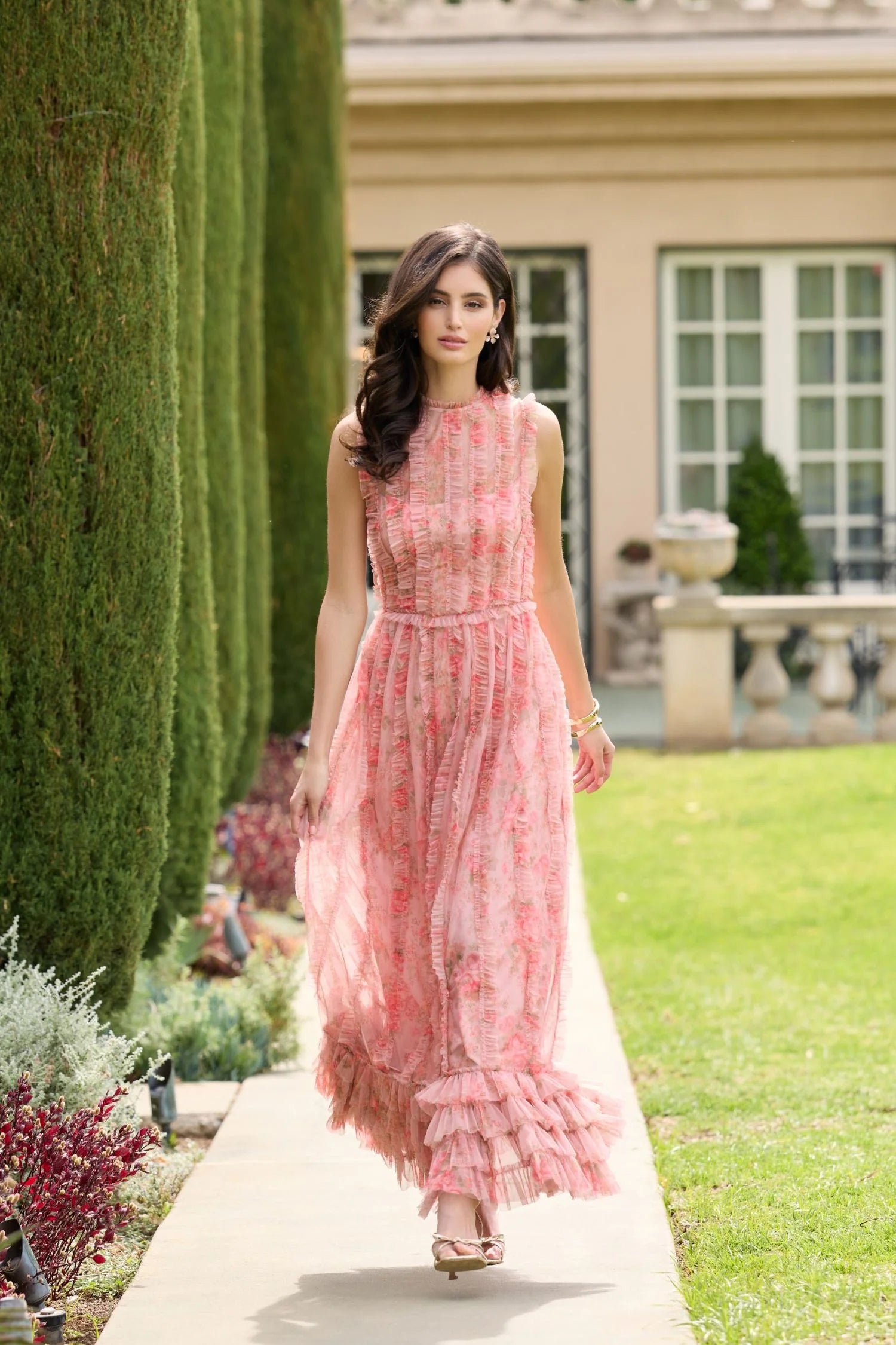 Mac Duggal Rose Multi Print Micro Ruffle High Neck Midi Dress #8309