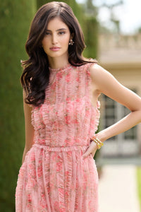 Mac Duggal Rose Multi Print Micro Ruffle High Neck Midi Dress #8309