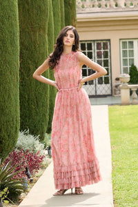 Mac Duggal Rose Multi Print Micro Ruffle High Neck Midi Dress #8309
