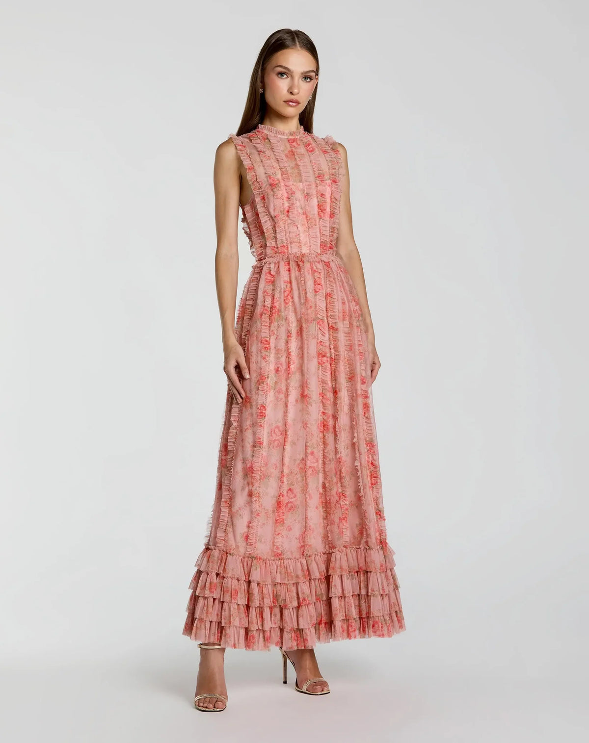Mac Duggal Rose Multi Print Micro Ruffle High Neck Midi Dress #8309
