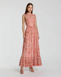 Mac Duggal Rose Multi Print Micro Ruffle High Neck Midi Dress #8309
