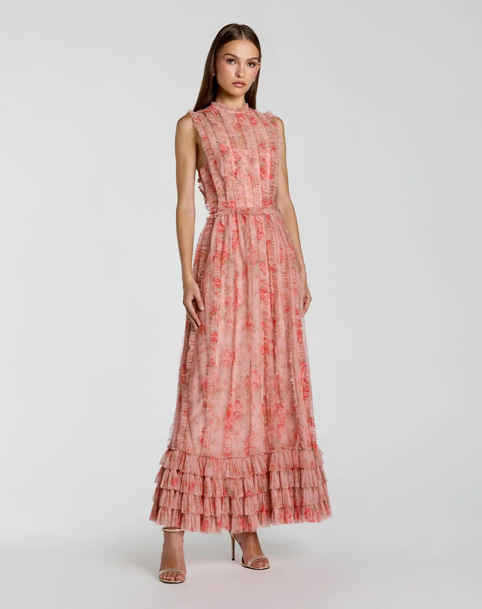 Mac Duggal Rose Multi Print Micro Ruffle High Neck Midi Dress #8309