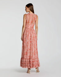 Mac Duggal Rose Multi Print Micro Ruffle High Neck Midi Dress #8309