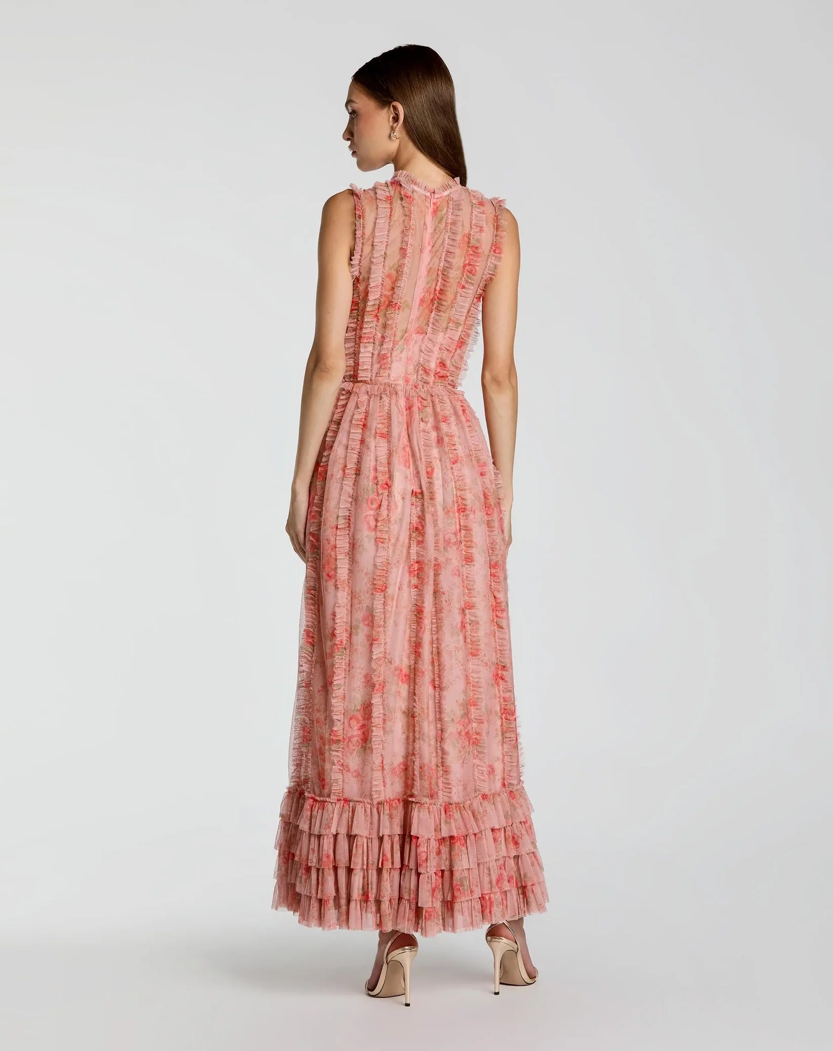 Mac Duggal Rose Multi Print Micro Ruffle High Neck Midi Dress #8309