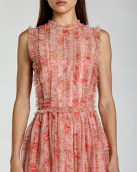 Mac Duggal Rose Multi Print Micro Ruffle High Neck Midi Dress #8309