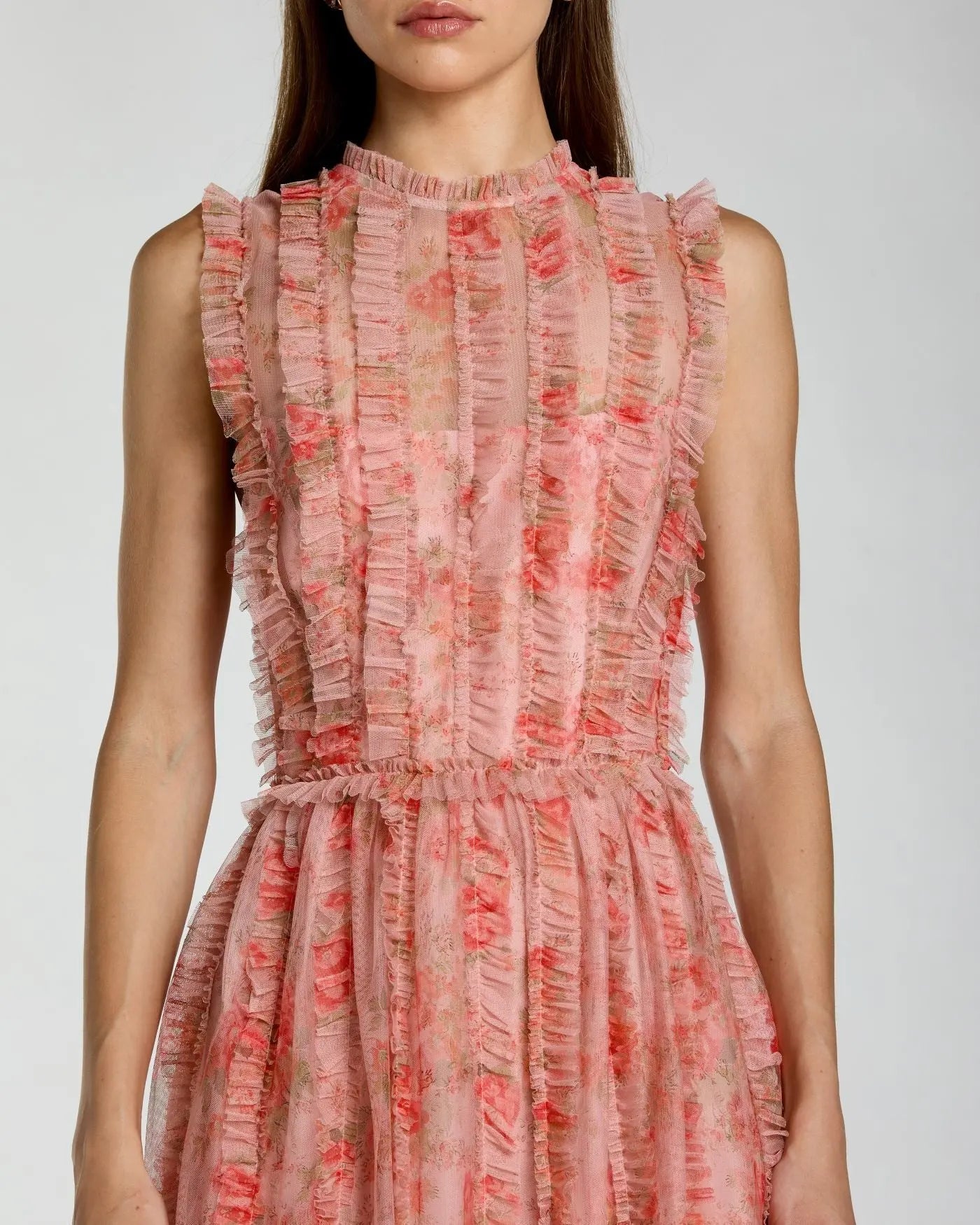 Mac Duggal Rose Multi Print Micro Ruffle High Neck Midi Dress #8309