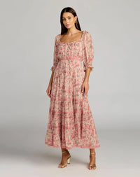 Floral Scoop Neck Midi Dress With 3/4 Sleeves