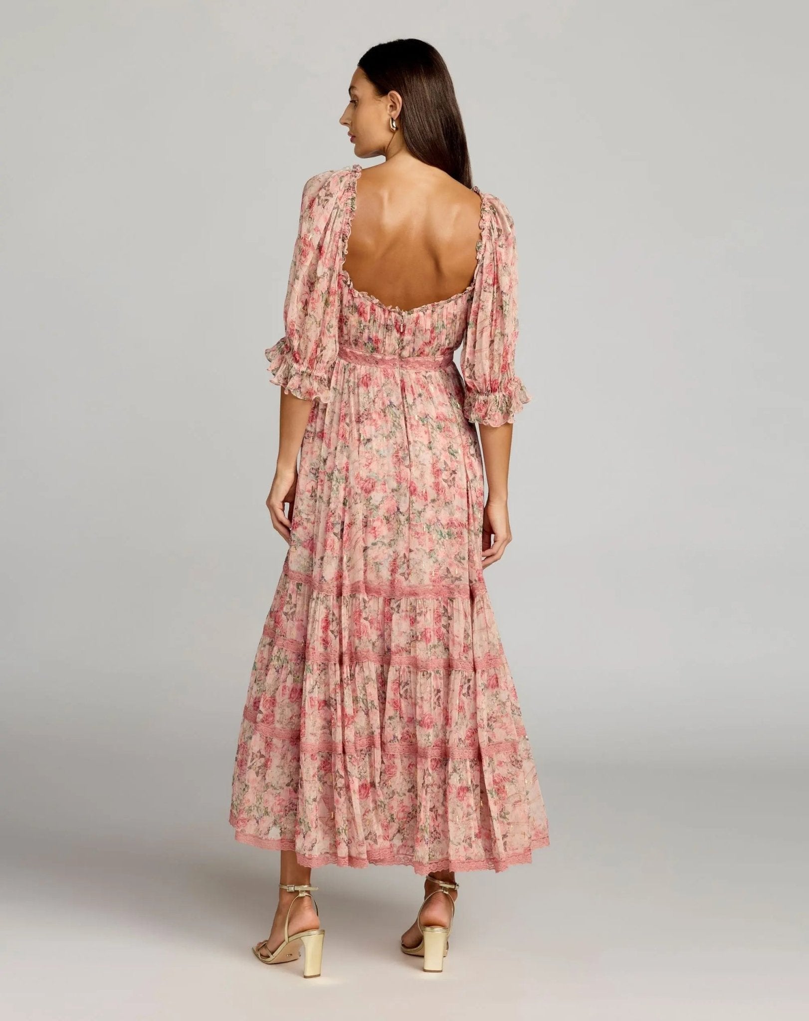 Floral Scoop Neck Midi Dress With 3/4 Sleeves
