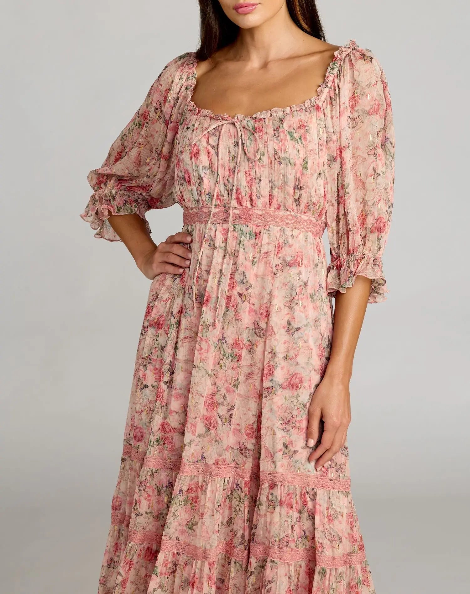 Floral Scoop Neck Midi Dress With 3/4 Sleeves