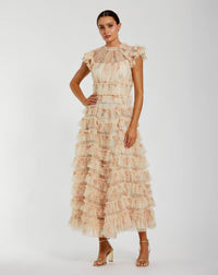Mac Duggal #8339 ivory multi cap sleeve micro ruffle floral midi dress