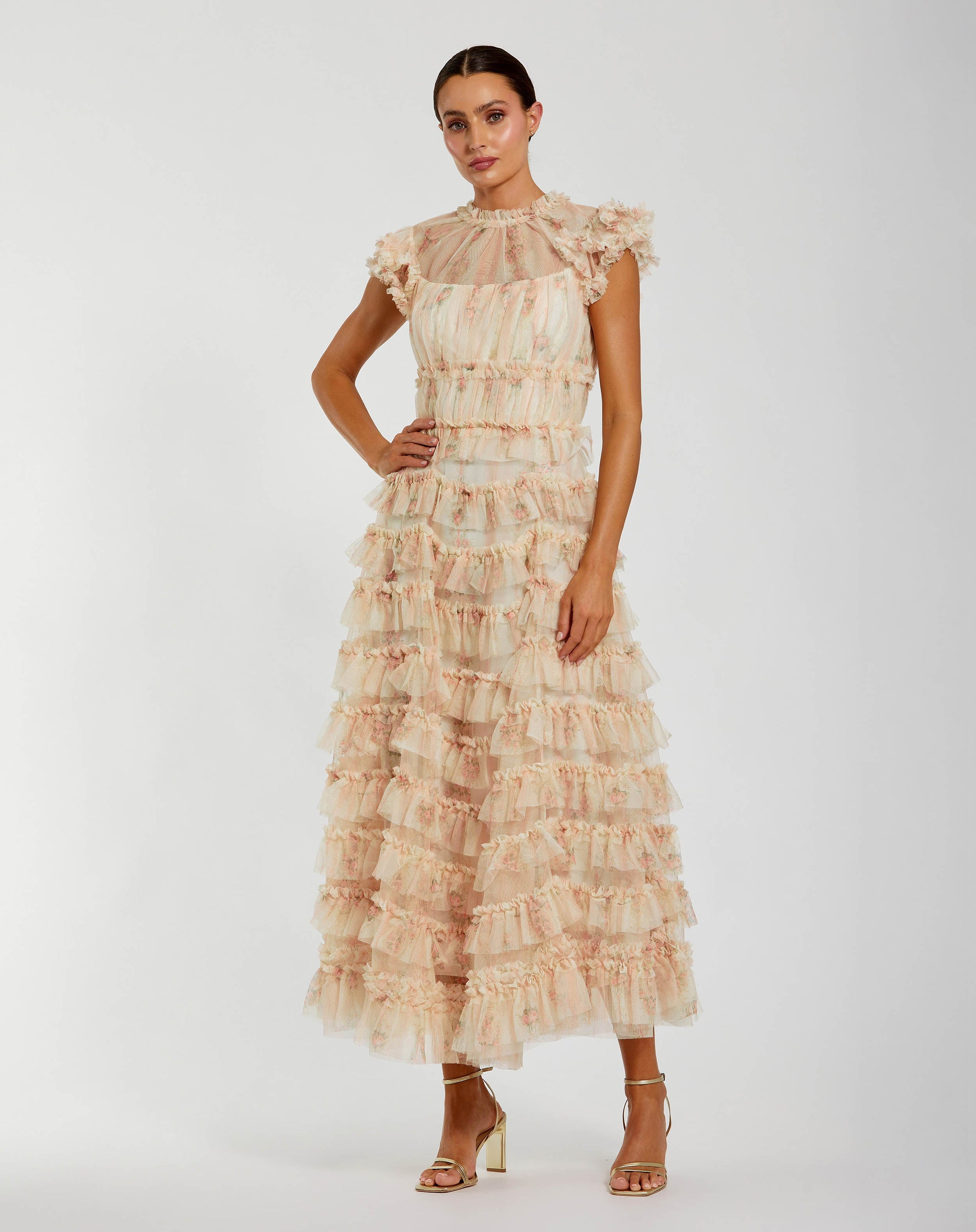 Mac Duggal #8339 ivory multi cap sleeve micro ruffle floral midi dress