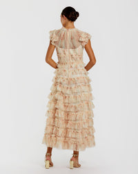 Mac Duggal #8339 ivory multi cap sleeve micro ruffle floral midi dress