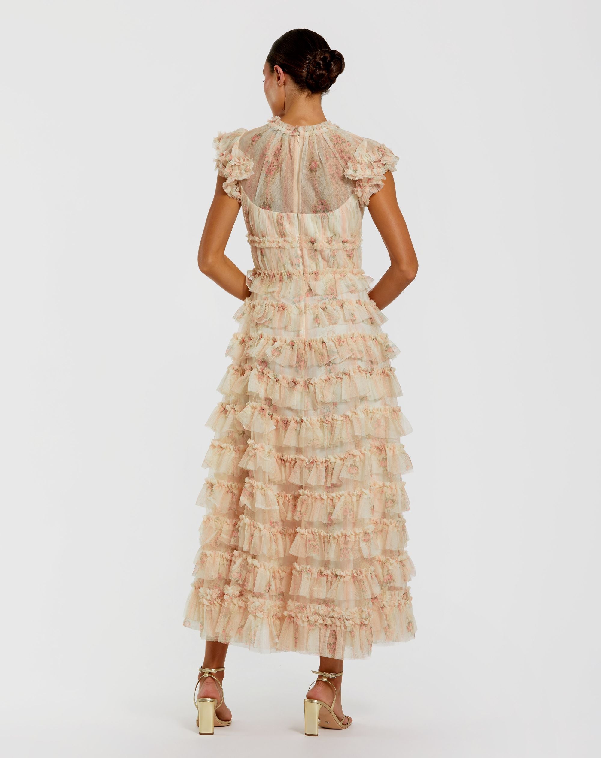 Mac Duggal #8339 ivory multi cap sleeve micro ruffle floral midi dress