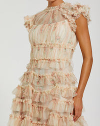 Mac Duggal #8339 ivory multi cap sleeve micro ruffle floral midi dress