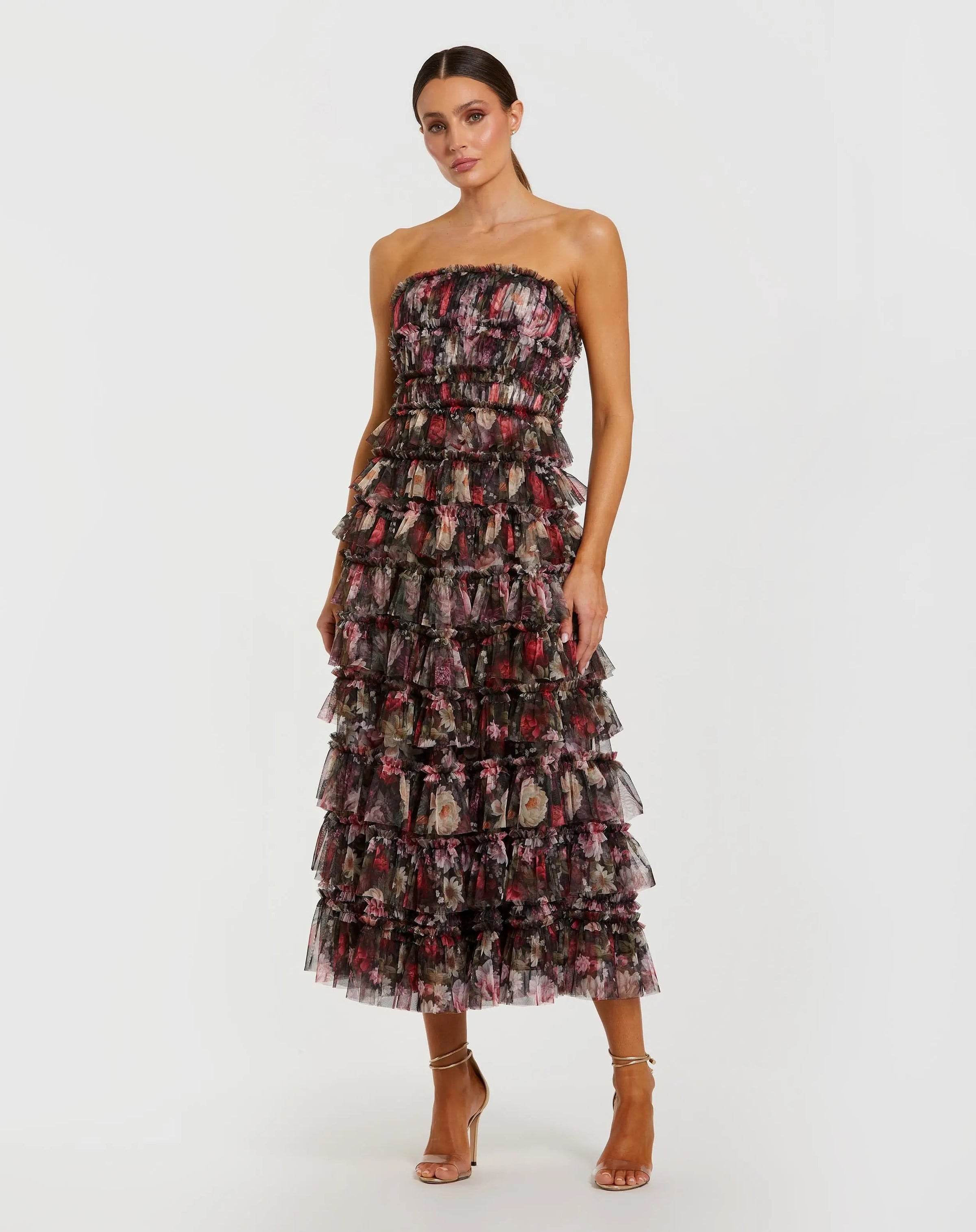 Mac Duggal #8351 Black Multicolor Strapless Ruffle A Line Midi Dress