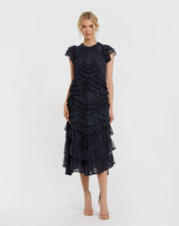 Mac Duggal #8371 navy high neck cap sleeve micro ruffle midi dress