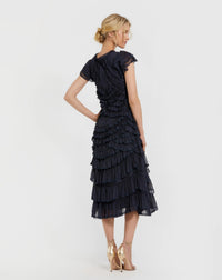 Mac Duggal #8371 navy high neck cap sleeve micro ruffle midi dress