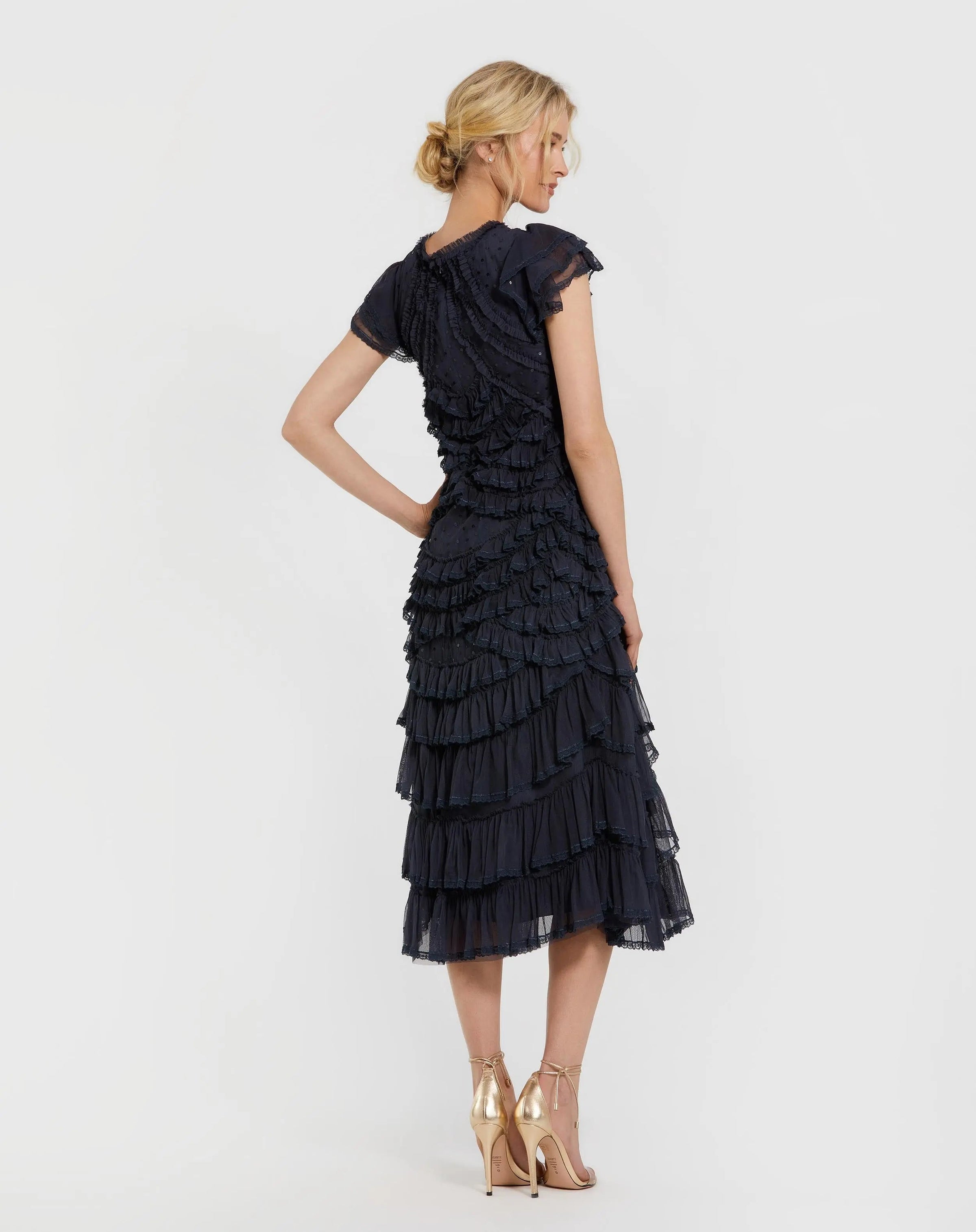 Mac Duggal #8371 navy high neck cap sleeve micro ruffle midi dress