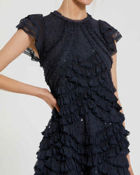 Mac Duggal #8371 navy high neck cap sleeve micro ruffle midi dress