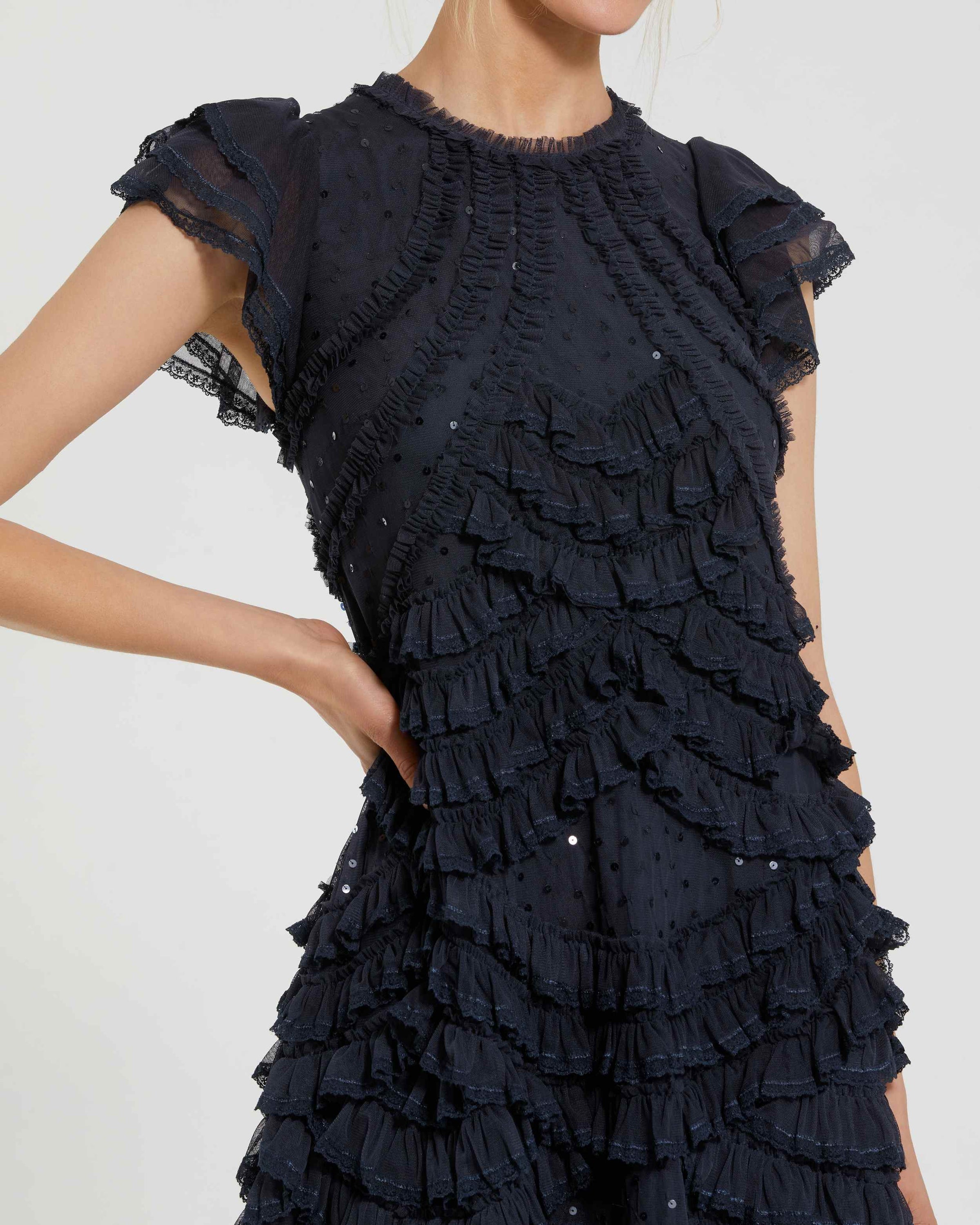 Mac Duggal #8371 navy high neck cap sleeve micro ruffle midi dress