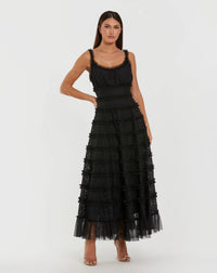Mac Duggal #8372 black sleeveless lace a line midi dress with ruffles
